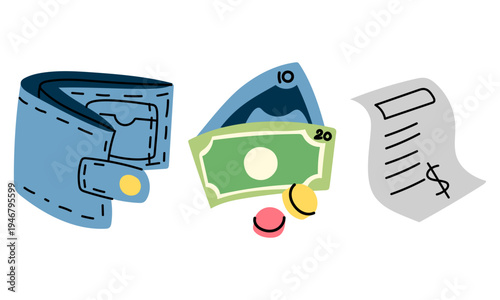 Flat illustration of blue wallet with cash money and paper payment receipt. Finance graphic for budget planning web banners, banking service posters or personal savings stickers.