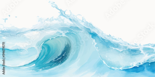 Majestic ocean wave breaking with spray and foam, set against a white backdrop - symbol of nature's force, water wave, crashing wave, blue wave, water splash