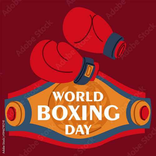 Flat illustration for World Boxing Day with winners pedestal, red boxing gloves and golden cup. Sport graphic for victory celebration, fitness web banners or martial arts competition posters