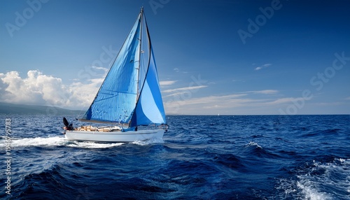 sailboat with blue sails on waves