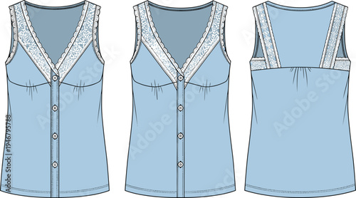 women, lace, camisole, top, fashion, technical, sketch, sleeveless, button, clothing, design, template, front, back, illustration, outline, garment, apparel, vector, blouse