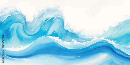 Abstract blue watercolor wave painting with white foam and spray, isolated on white background for design, hand drawn