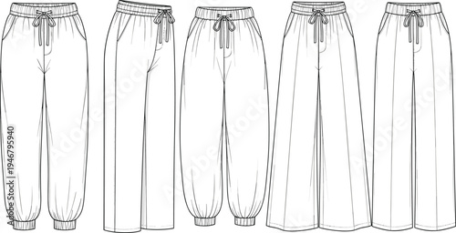 women, pants, fashion, technical, sketch, jogger, wide, leg, drawstring, casual, clothing, design, template, front, illustration, outline, garment, apparel, vector, trousers