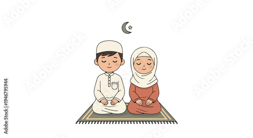 Illustration of a Muslim boy and girl sitting on a prayer mat with a crescent moon above them on a white background.
