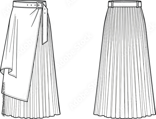 women, pleated, skirt, fashion, technical, sketch, wrap, belt, midi, clothing, design, template, front, back, illustration, outline, garment, apparel, vector, outfit