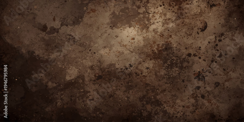 An aged brown metal surface features a dark vintage rust pattern and a rough grungy texture, creating a dirty antique backdrop with a weathered paint design on an ancient wall