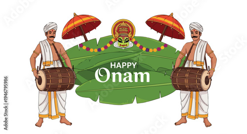 Illustration of two traditional Indian men playing drums with umbrellas and a Happy Onam message on a green leaf background.