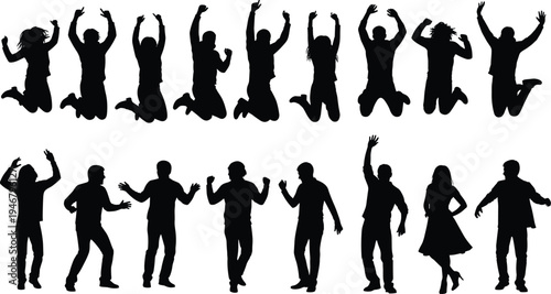 Collection of dancing and jumping people silhouettes celebration party movement men and women happy action poses vector illustration set