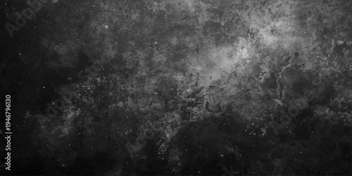 A dark grunge black and white textured backdrop featuring a moody sky filled with stormy clouds, smoke, and a faint moon light reflecting off a weathered stone wall pattern