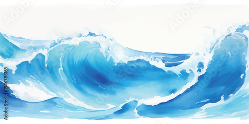 Dynamic blue ocean wave crashing with white foam and spray, isolated on white background
