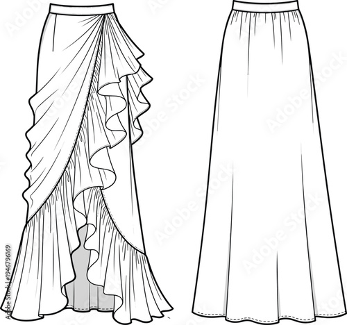 women, ruffle, skirt, fashion, technical, sketch, layered, long, elegant, clothing, design, template, front, back, illustration, outline, garment, apparel, vector, outfit