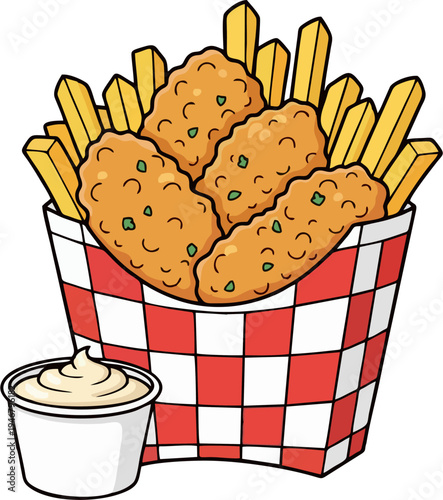 Chicken Nuggets and French Fries in Red Checkered Paper Box with Creamy Dipping Sauce – Cartoon Fast Food