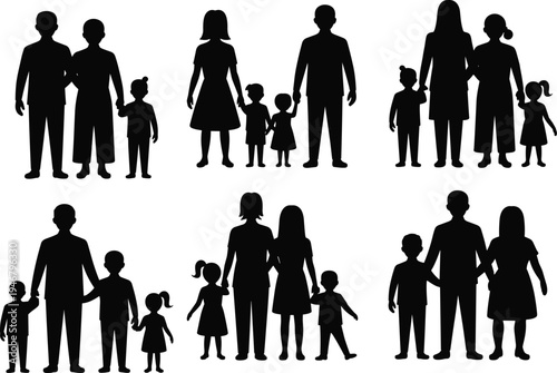 Collection of family silhouettes parents with children standing together mother father kids human figures isolated black vector illustration