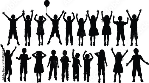 Collection of happy children silhouettes jumping raising hands playing kids celebration activity poses isolated black child figures vector illustration