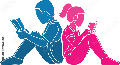 Children reading books illustration, boy and girl sitting back to back studying education learning kids reading vector design