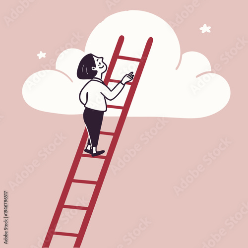 A white cloud hovers above a red ladder against a pink background. The image symbolizes reaching for goals and dreams