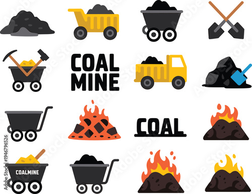 Coal mining icons collection, coal mine carts trucks shovels burning coal energy industry mineral extraction vector illustration set
