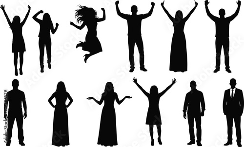 Collection of happy people silhouettes jumping celebrating standing men and women poses isolated black human figures vector illustration set