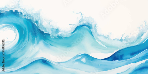 Watercolor style illustration of a dynamic sea wave with detailed white foam, captured against a simple white background for graphic design