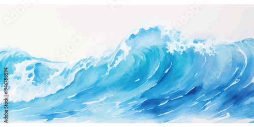 Stylized watercolor illustration of a large ocean wave curling and breaking, with white foam and splashes, set against a bright white backdrop