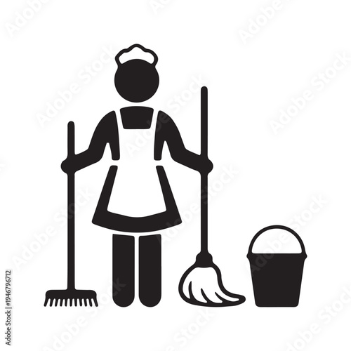 Cleaning service woman icon wearing apron and headband holding broom, mop, and bucket.