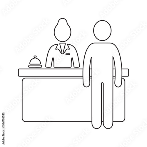 Hotel reception desk icon with receptionist and guest in thin line style.