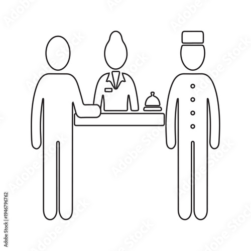 Hotel reception desk icon with receptionist, guest, and bellboy in thin line style.