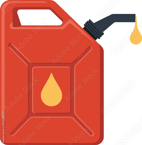 Red fuel jerrycan with pouring nozzle, gasoline container oil drop icon, petroleum fuel storage transport energy vector illustration