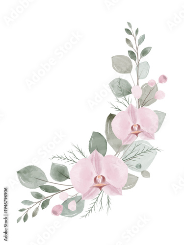 A rustic-style watercolour floral arrangement. Pastel pink orchids and buds, and green branches with leaves. An elegant, handcrafted botanical design for wedding invitations, greeting cards, and life