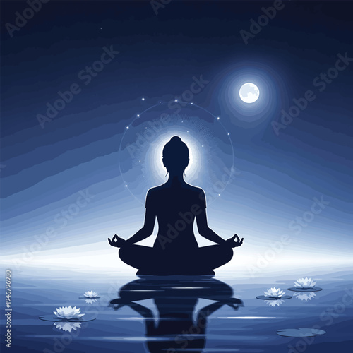 A serene woman meditates in lotus position under a glowing moon with stars and lotus flowers floating on water.