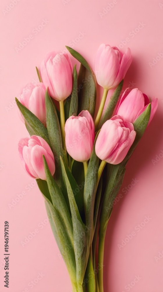 Fototapeta premium Springtime elegance: a pastel display of nature's beauty. High-end fashion. A touch of spring: lightly scattered pink tulips. Lavish clothing. Designer fashion.