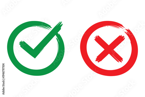 Two dirty grunge cross x and tick OK check marks in check boxes, hand drawn with brush strokes vector illustration isolated on white background. Check mark symbol NO and YES buttons for web vote, etc