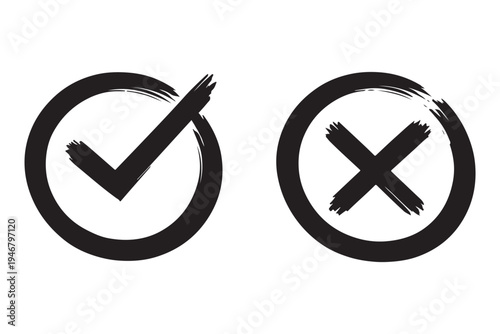 Two dirty grunge cross x and tick OK check marks in check boxes, hand drawn with brush strokes vector illustration isolated on white background. Check mark symbol NO and YES buttons for web vote, etc