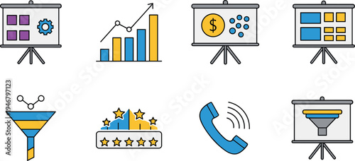 Flat line icon set for sales funnel marketing strategy business presentation charts financial growth customer feedback ratings and professional communication tools.