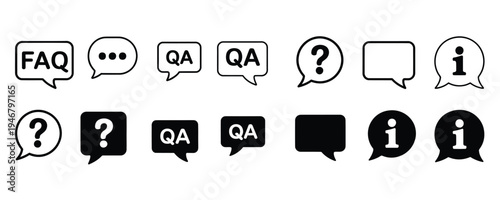 Collection of various speech bubbles and question marks in black and white for FAQ and Q&A concepts