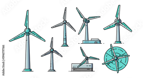 Set of wind turbines generating clean renewable energy, isolated white background.
