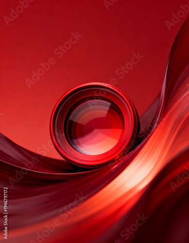 Red Lens on Flowing Abstract Red Background with Smooth Curves