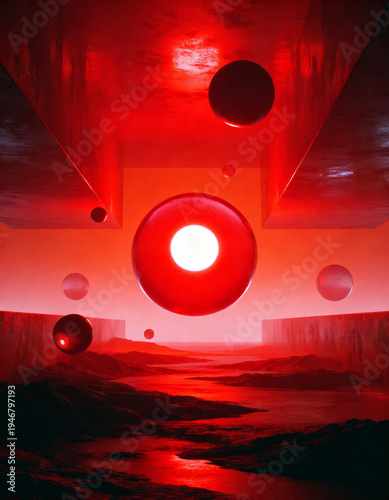Abstract Red Landscape with Spheres and Dim Light Effects