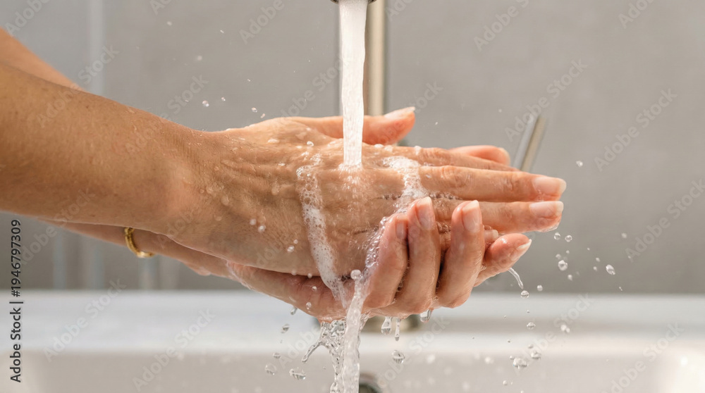Fototapeta premium Washing hands with water and soap for hygiene