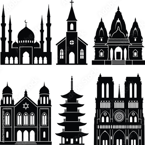 Black and white silhouettes of six different religious buildings d
