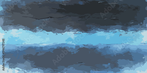 Abstract grunge blue background featuring a misty mountain landscape at sunset with soft clouds and light reflecting over the winter snow