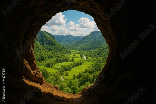 Cave view of lush valley background