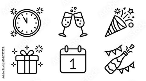 New Year Celebration Party Outline Icon Set