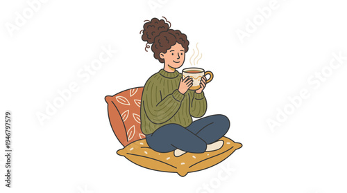 A happy girl in a cozy sweater sits on pillows, enjoying a hot drink. A warm, relaxing illustration for self-care, comfort, and hygge lifestyle concepts. Vector art.