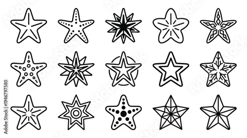 A versatile set of fifteen starfish line icons. Minimalist and clean, perfect for summer themes, marine biology design, logos, websites, and educational vector graphics.