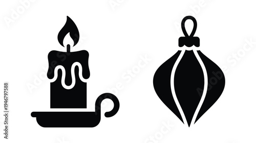 A set of black Christmas icons. A lit candle in a holder and a holiday tree ornament. Minimalist vector illustration for winter celebration design.