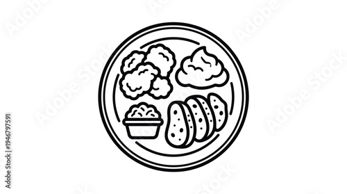 A simple line icon of a plated meal with nuggets, sauce, and sides. Minimalist vector illustration perfect for menus, food blogs, delivery apps, and restaurant branding.