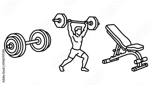 A set of minimalist line art icons for fitness and gym themes. Includes a weightlifter, barbell, and bench. Perfect for workout apps, websites, and exercise guides.