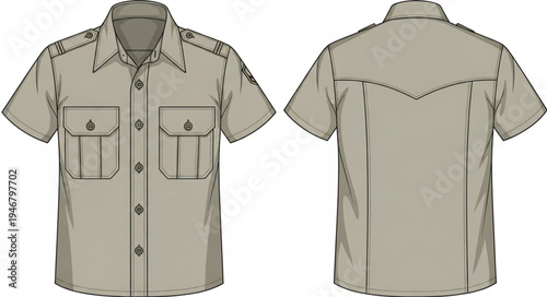 Khaki Short Sleeve Shirt with Pockets and Button Closure.