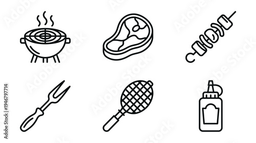 Set of six black line icons for a BBQ party. Includes grill, steak, kebab, fork, basket, and sauce bottle. Minimal vector graphics for summer food themes and menus.